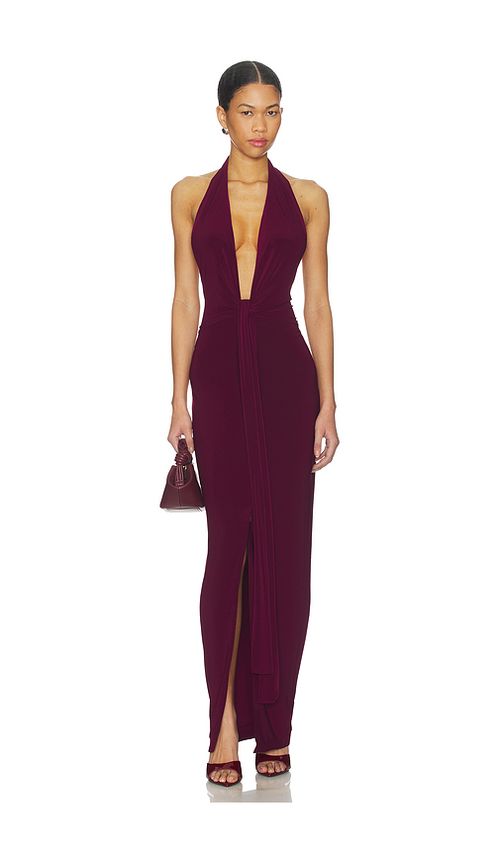 Norma Kamali x REVOLVE Tie Front Halter Gown in Wine. M. Also in