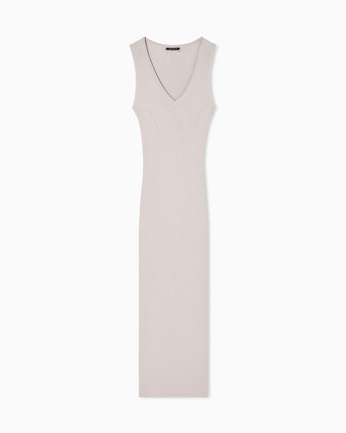 Long dress in openwork knit with V-neck
