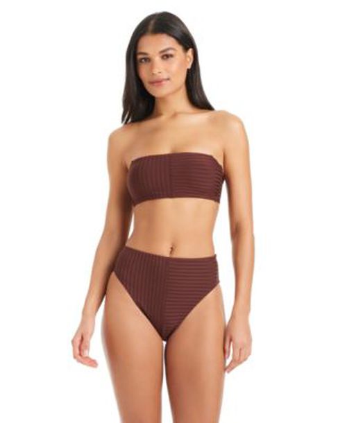 Womens Tie Back Bandeau Bikini Top Refresh Ribbed High Rise Swim Bottoms