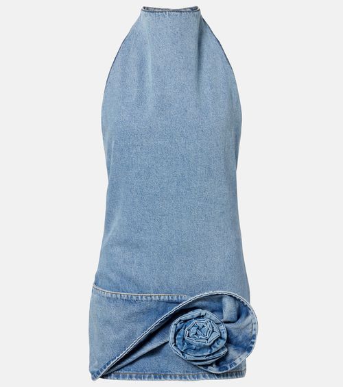 Floral-appliqué denim minidress