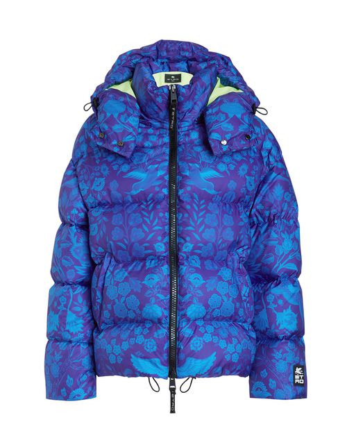 Woman Navy Blue Down Jacket With All-over Print