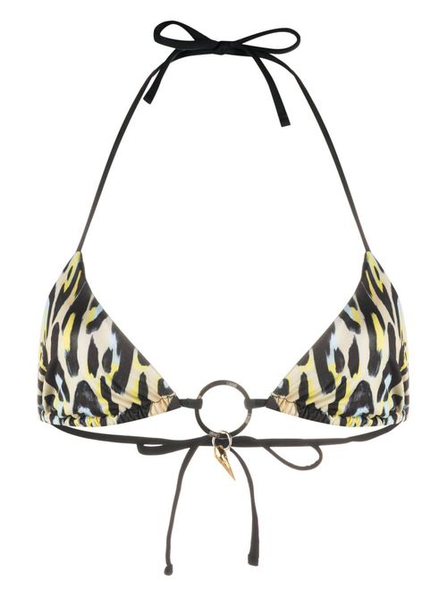 Leopard-print teeth-pendant bikini top - Black