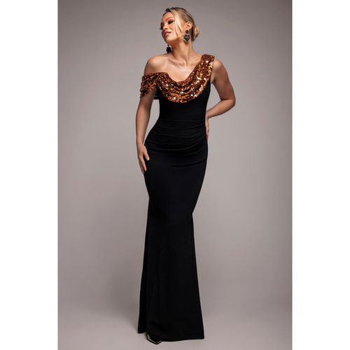 Goddiva Cowl One Shoulder Contrast Sequin & Scuba Crepe Maxi Dress - Bronze