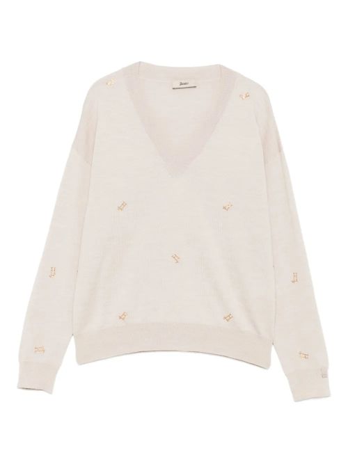 Gold-Embellished V-Neck Sweater — beige