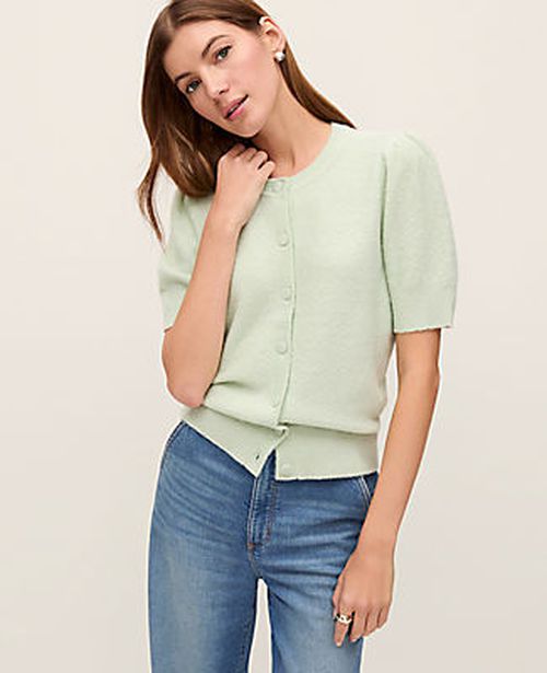 Ann Taylor Weekend Pointelle Crew Neck Cardigan