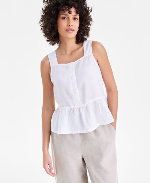 Women's Linen Square-Neck Peplum Top, Macy's Exclusive - Bright White