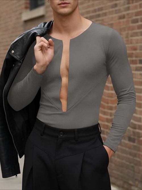 Men's Cutout V Neck Long Sleeve T-shirt SKUL45196 - Dark Gray / S
