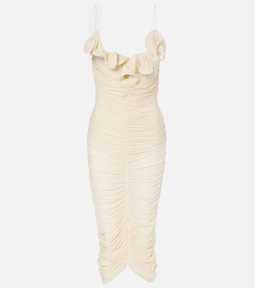 Semi-sheer ruched jersey midi dress