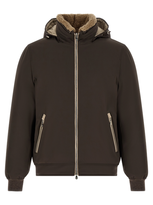 Shearling-Lined Hooded Down Jacket — Brown