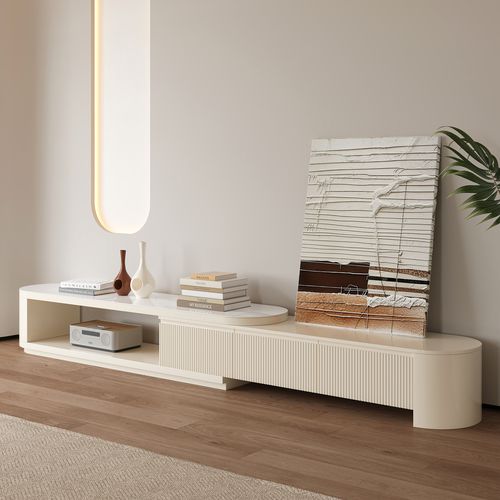 71"-114" Extendable TV Stand Modern Sintered Stone Top Media Console with 3 Drawers in White