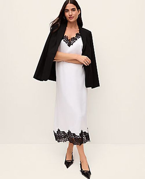 Ann Taylor Petite Lace Trim Satin Slip Midi Dress