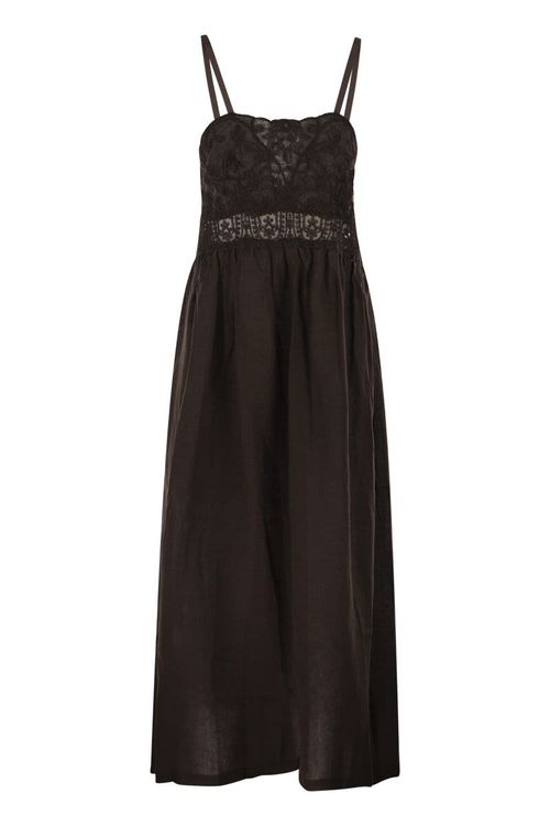 Maurizio Mykonos Long Linen Dress With Embroidered Bodice And Slim Strap