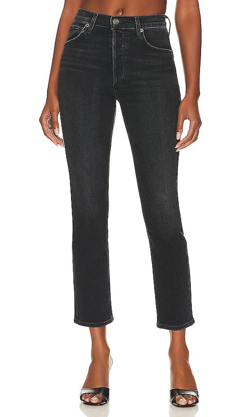 AGOLDE Riley Long High Rise Straight Jeans in Panoramic - Black. 33 also in