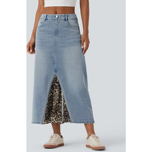 Halara Halara Flex™ Mid Rise Contrast Leopard Mesh Midi Denim Casual A-line Skirt with Pockets - Baltic Sea Blue Denim - XSregular