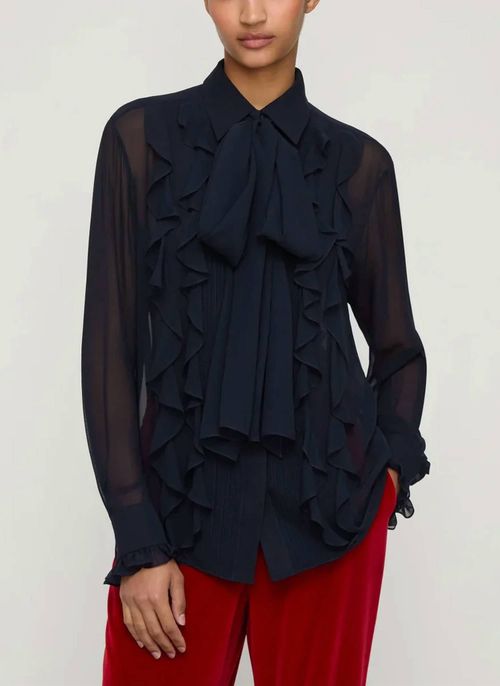 Silk Georgette Ruffle Bow Blouse In Ink