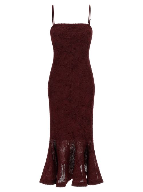 Floral Mesh Flounce Dress — Burgundy