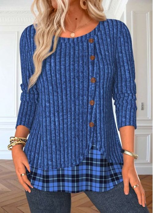 Modlily Blue Button Plaid Long Sleeve Round Neck T Shirt