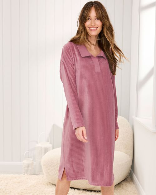Women's Velour Ribbed Long Sleeve Nightdress in Pink, Polyester/Elastane
