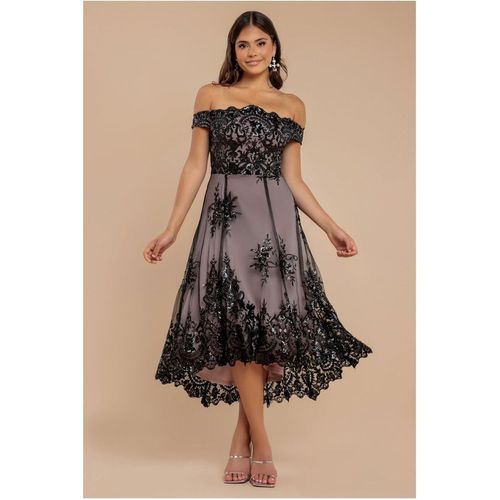 Goddiva Bardot Sequin & Lace High Low Midi - Black