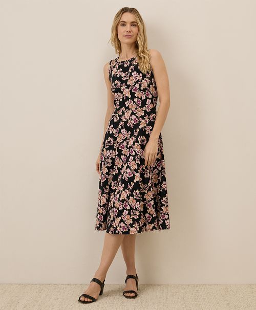 Women's Scattered Posies Black Fit & Flare Keyhole Back Dre
