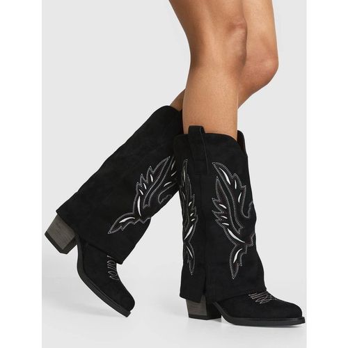 Boohoo Women's Faux Suede Fold Over Contrast Embroidery Western Boots in Black
