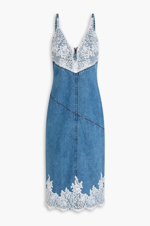 Lace-paneled denim midi slip dress - Blue - US 0