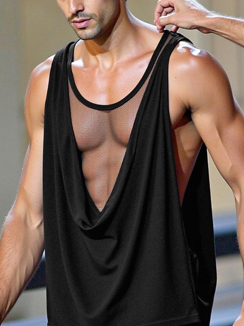 Mens Sheer Mesh Patchwork Cowl Neck Tank SKUL15229 - Black / S