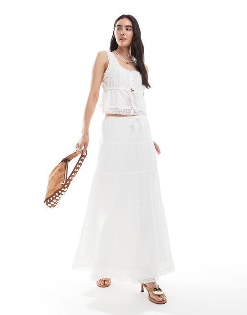 Lace trim tiered boho maxi skirt co-ord in white