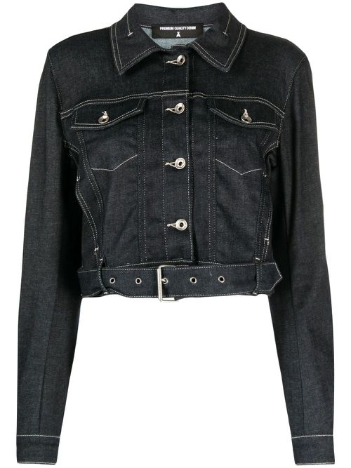 Cropped contrast-stitch denim jacket - Blue