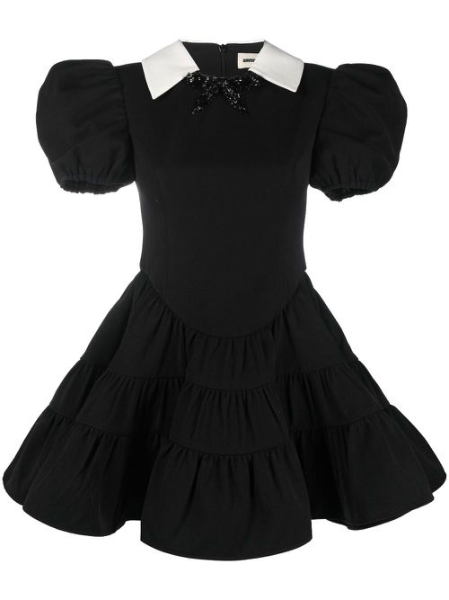 Black Puff Sleeve Tiered Mini Dress - Women's - Viscose/Polyester/Wool