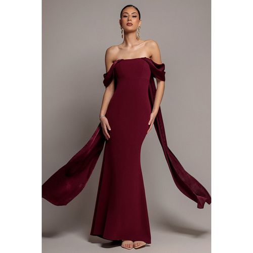 Goddiva Off Shoulder Soft Satin Wing Cape Maxi Dress - Burgundy