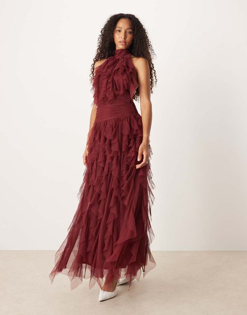 Backless ruffle maxi dress in burgundy-Red