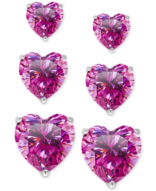 3-Pc. Set Lab Grown Pink Sapphire Heart Stud Earrings (2-1/5 ct. t.w.) in Sterling Silver - Silver