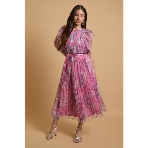Oasis Womens Petite Printed Pleated Mesh Midi Dress With Flutter Sleeve - Pink