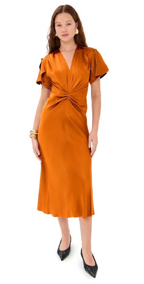 Gathered V Neck Midi Dress Bronze