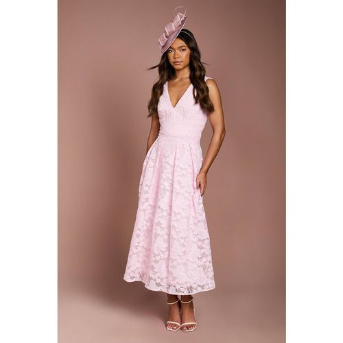 Coast Women's V Neck Organza Lace Full Skirted Midi Dress in Lilac