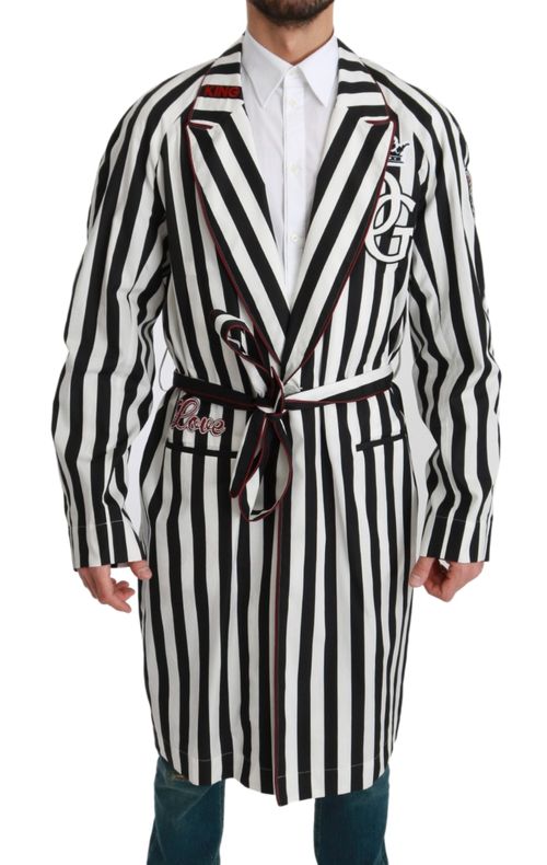 Belted Striped Cotton Coat — Black