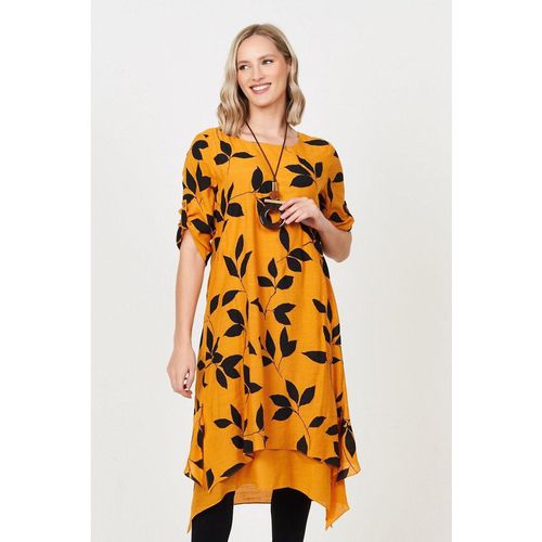 Button Gathered Cuff Double Layer Dress with Necklace