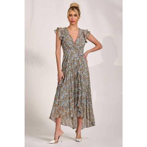 Jolie Moi Pleated Chiffon Dip Hem Maxi Dress In Blue