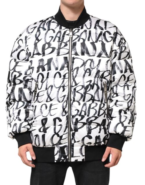 Graffiti Logo Print Puffer Bomber Jacket — White
