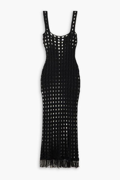Fringed crochet-knit midi dress