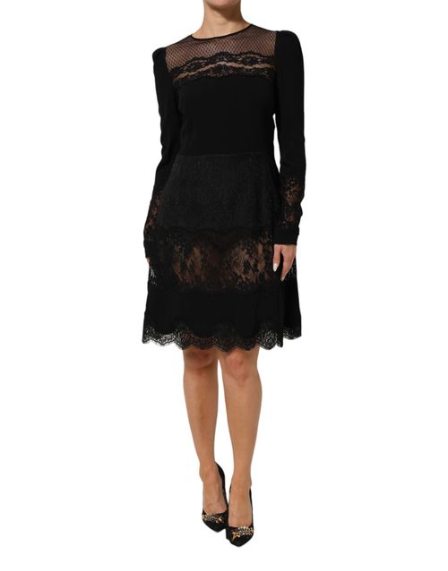 Floral Lace Trim Dress — Black