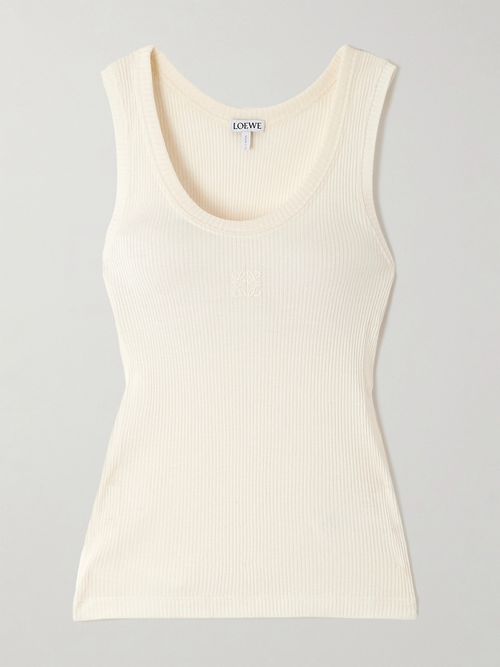 Anagram Embroidered Ribbed Silk-jersey Tank - White