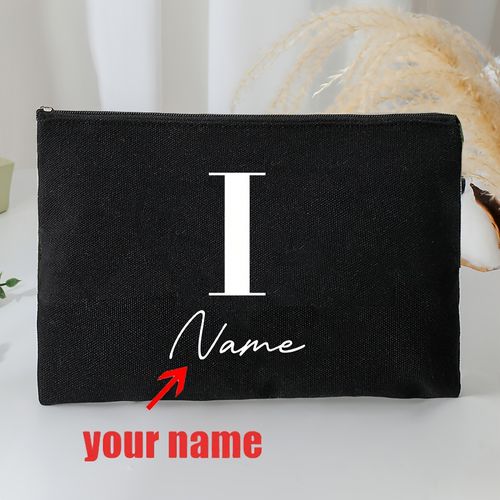TEMU A-z Custom Name Makeup Bag - Personalized Black Polyester Cosmetic Pouch, Lightweight Travel Toiletry Organizer, Foldable & Fade-resistant