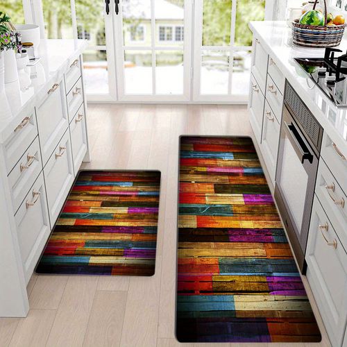 TEMU 2pcs Modern Decorative Kitchen Floor Mats, Wood Grain Print Decorative Long Strip Floor Mats, Bar Counter Anti-slip Mats, Kitchen Door Floor