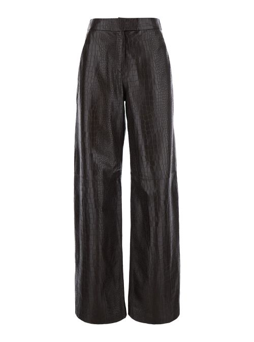 Crocodile-Print Leather Trousers — Brown