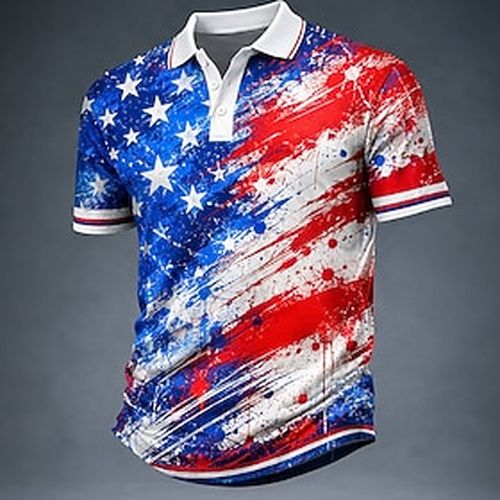 Of July 2026 250th Men's American US Flag Polo Shirts Short Sleeve Polo Shirts Lapel Casual Athleisure 3D Print Buttons Breathable Mesh Spring Summer Blue