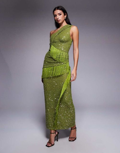 Sequin knit twist one shoulder midi dress with drape fringe panels in green