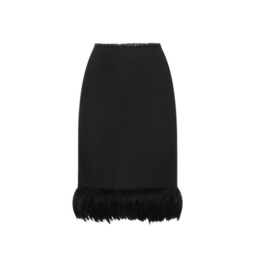 Silk Feather-Trim Midi Skirt — Black