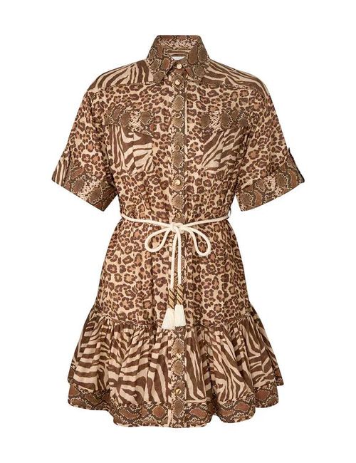 Animal-Print Ruffled Mini Dress — Brown